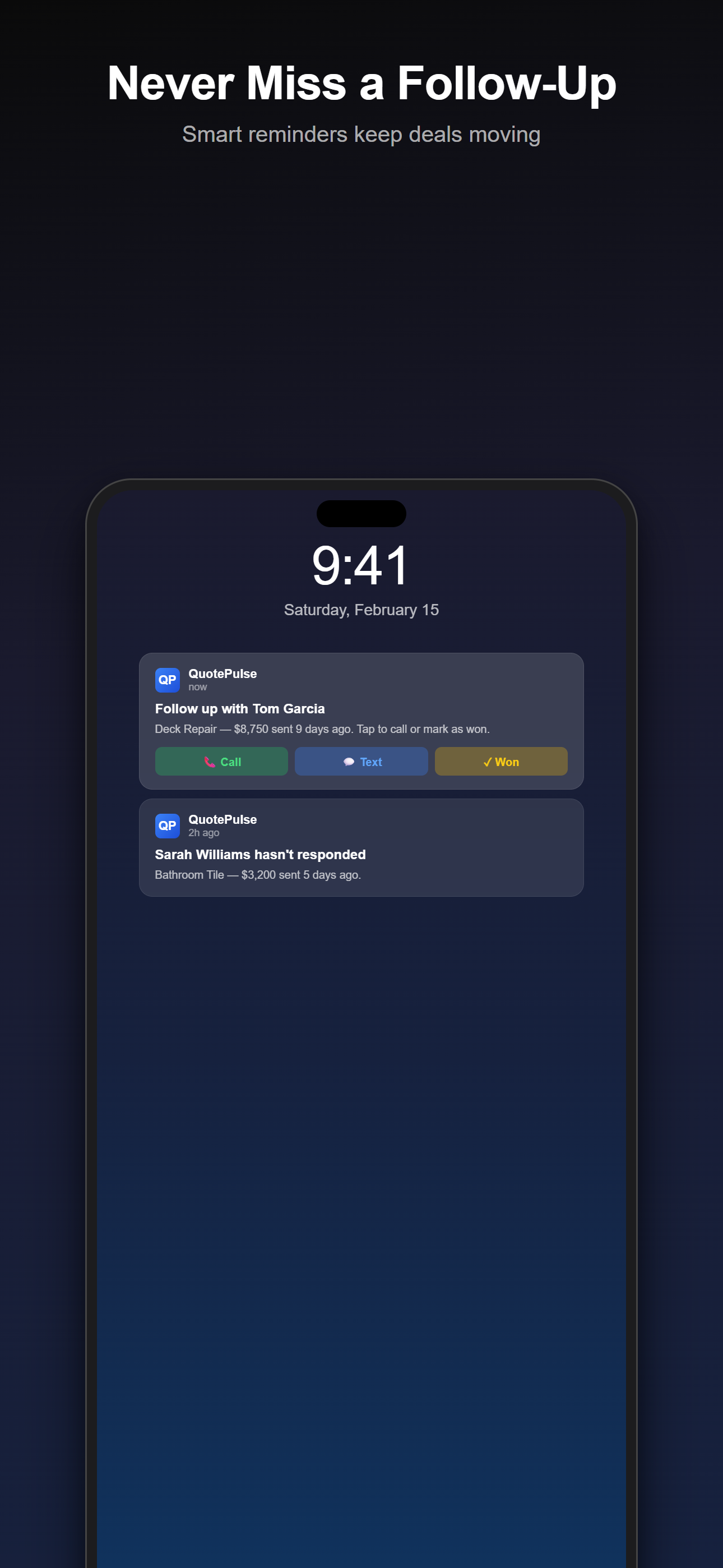 Push notification reminder to follow up on a quote