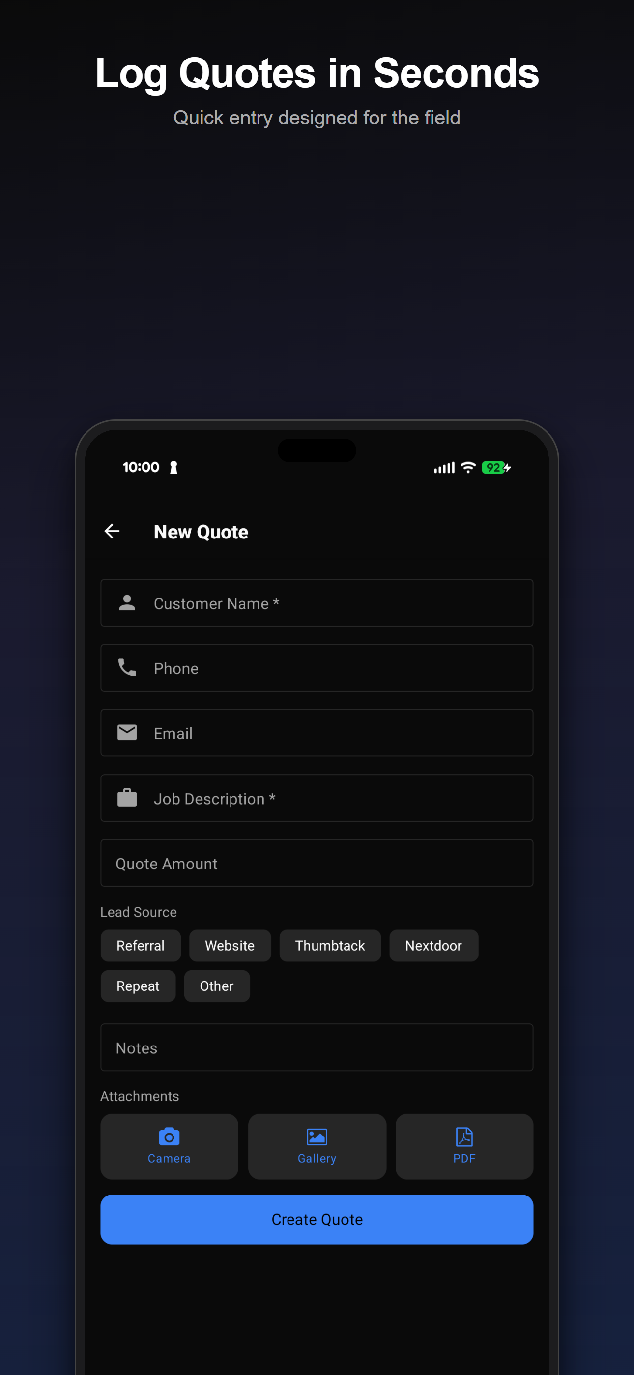 Quick quote entry form with photo capture