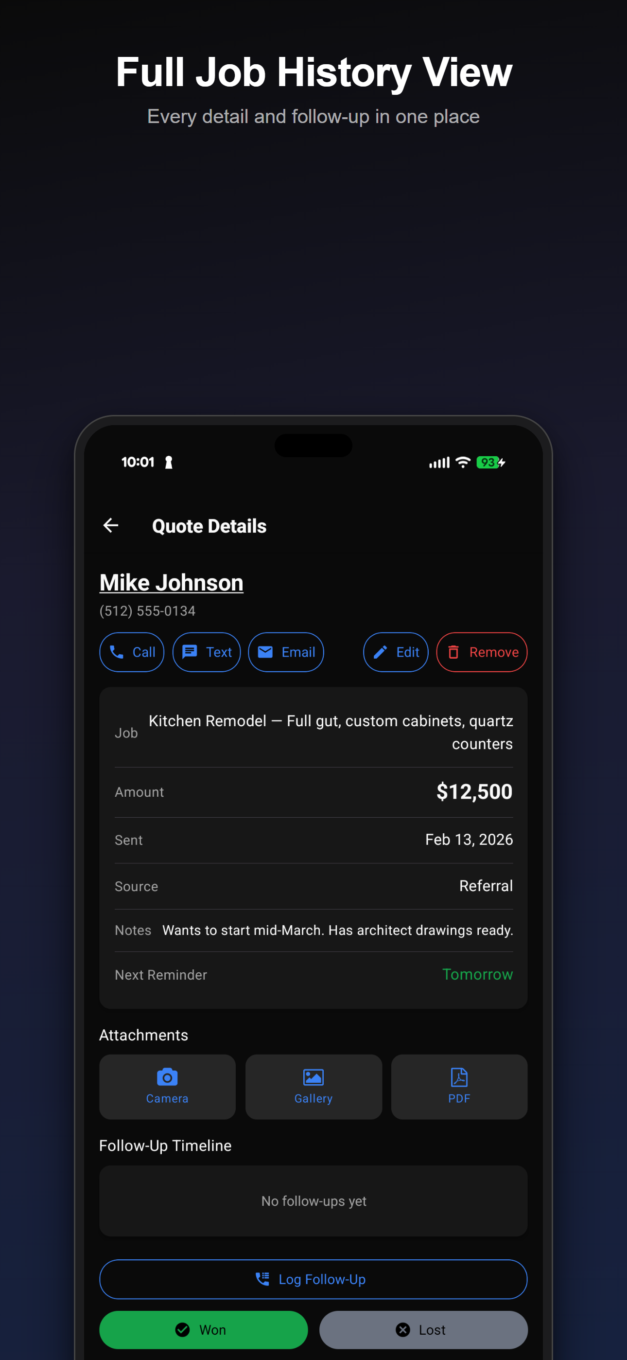 Quote detail screen with full follow-up timeline