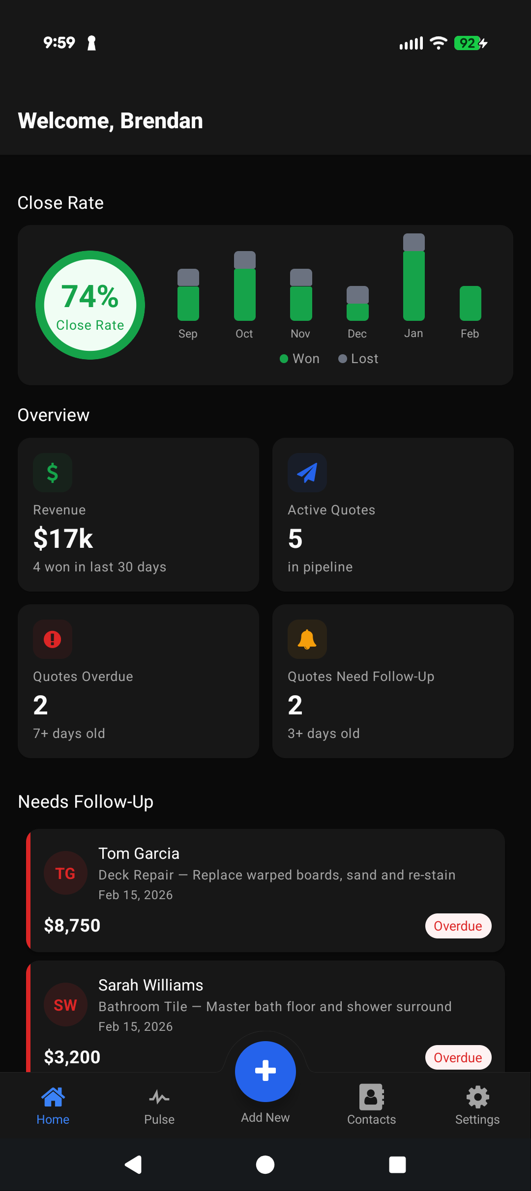 QuotePulse close-rate dashboard on Android